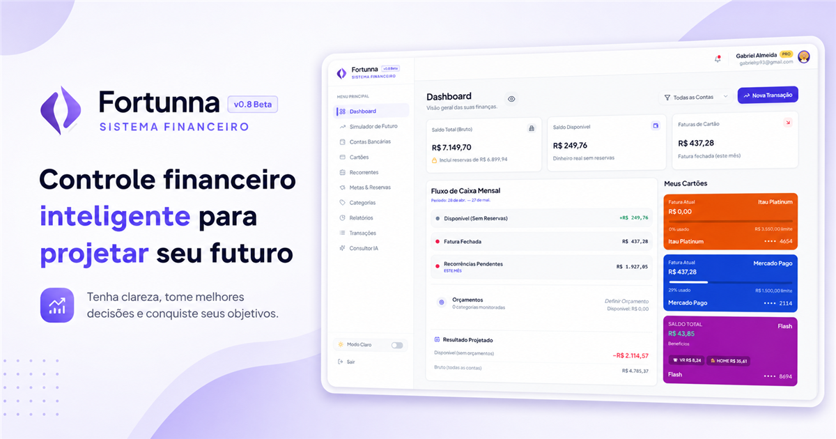 Preview do painel financeiro da Fortunna